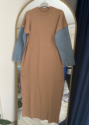 Kahverengi Uzun Denim Kollu Elbise - Görsel 3
