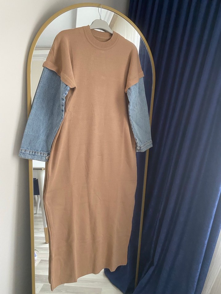 Kahverengi Uzun Denim Kollu Elbise - Görsel 4