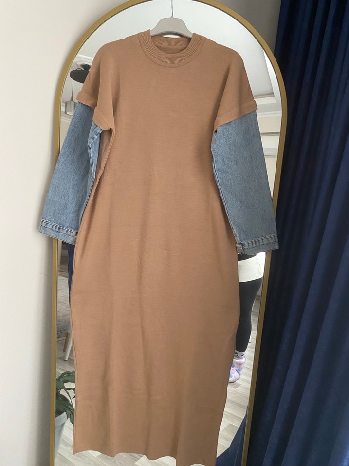 Kahverengi Uzun Denim Kollu Elbise - Görsel 2