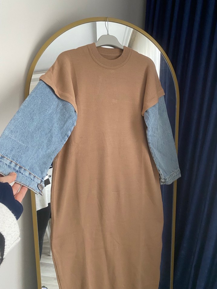 Kahverengi Uzun Denim Kollu Elbise - Görsel 5