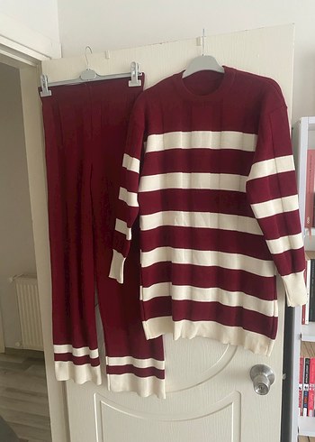 Bordo Çizgili Uzun Triko Kadın ikili takım - Görsel 2