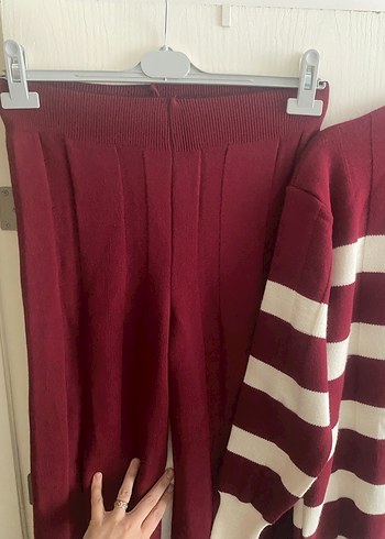 Bordo Çizgili Uzun Triko Kadın ikili takım - Görsel 6