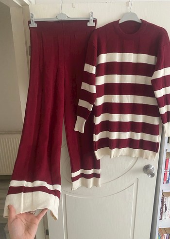 Bordo Çizgili Uzun Triko Kadın ikili takım - Görsel 5