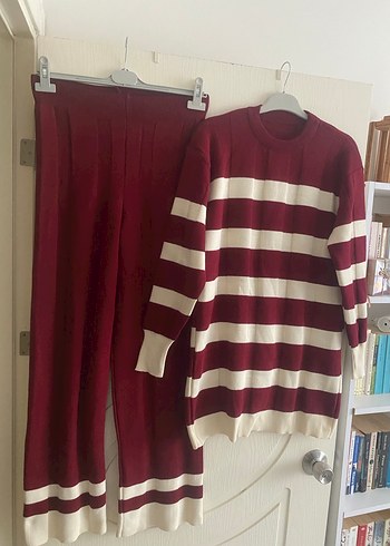 Bordo Çizgili Uzun Triko Kadın ikili takım - Görsel 3