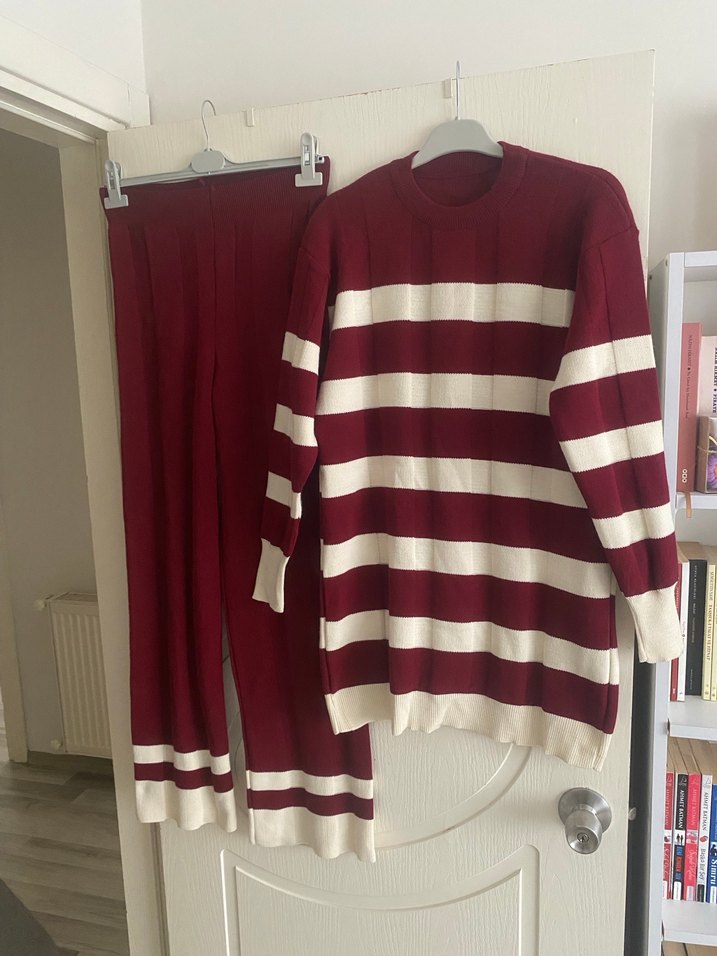 Bordo Çizgili Uzun Triko Kadın ikili takım - Görsel 2