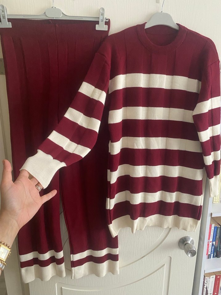 Bordo Çizgili Uzun Triko Kadın ikili takım - Görsel 4