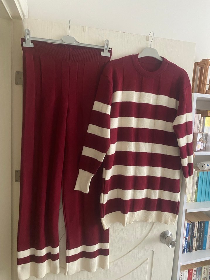 Bordo Çizgili Uzun Triko Kadın ikili takım - Görsel 3