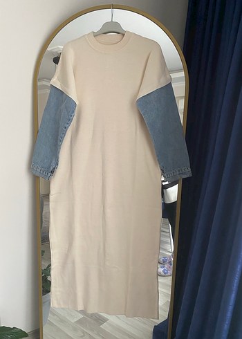 Uzun Kollu krem Triko Elbise ve Kot Kollu - Görsel 2