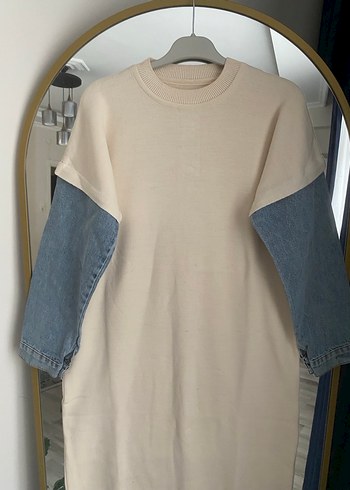 Uzun Kollu krem Triko Elbise ve Kot Kollu - Görsel 4