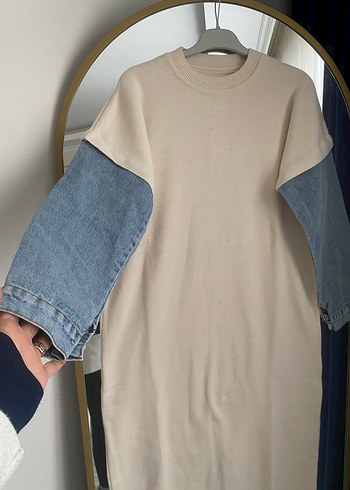 Uzun Kollu krem Triko Elbise ve Kot Kollu - Görsel 5