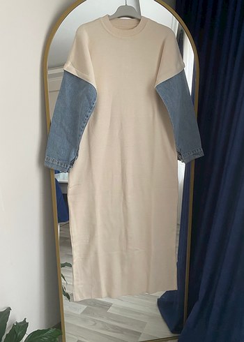 Uzun Kollu krem Triko Elbise ve Kot Kollu - Görsel 3