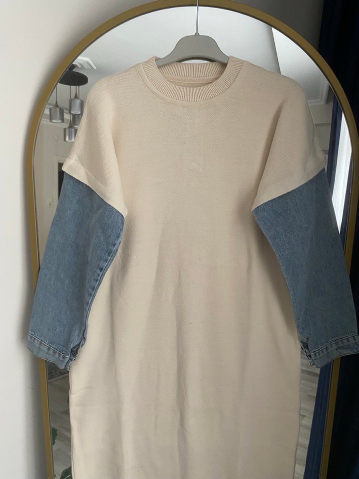 Uzun Kollu krem Triko Elbise ve Kot Kollu - Görsel 4