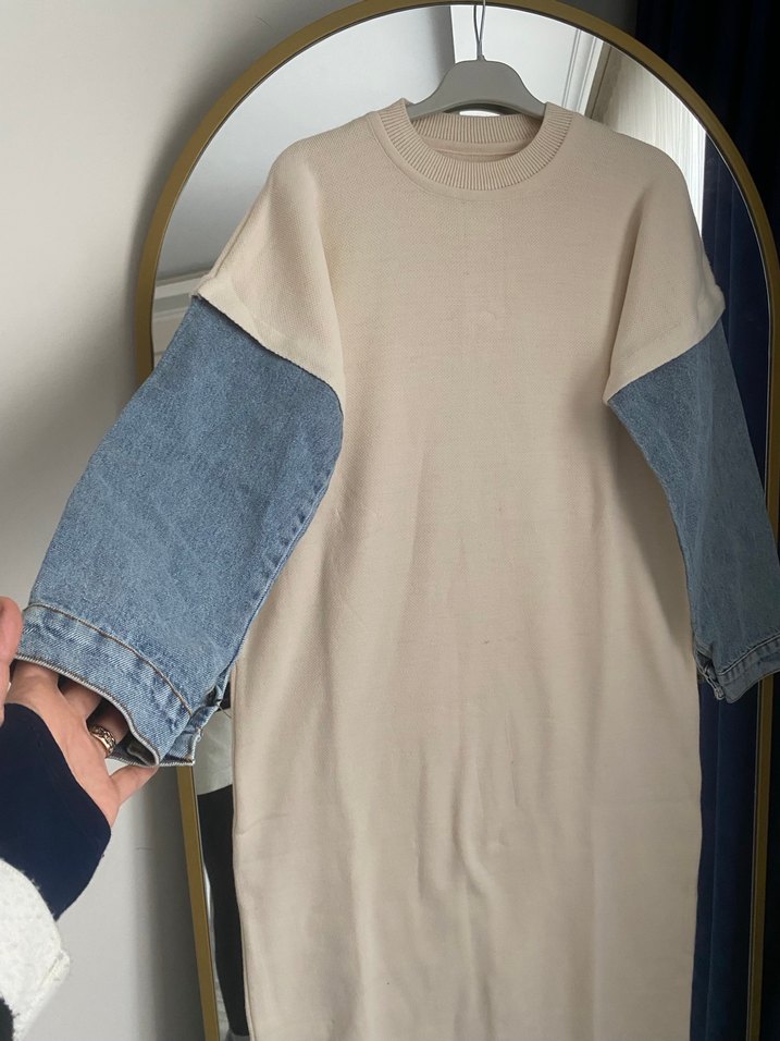 Uzun Kollu krem Triko Elbise ve Kot Kollu - Görsel 5