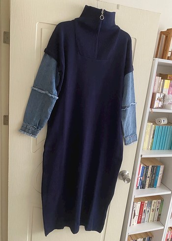 Lacivert Uzun Denim Kollu Elbise - Görsel 5