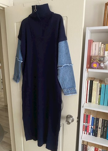 Lacivert Uzun Denim Kollu Elbise - Görsel 4