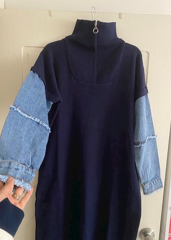 Lacivert Uzun Denim Kollu Elbise - Görsel 3