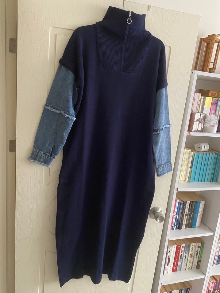 Lacivert Uzun Denim Kollu Elbise - Görsel 5