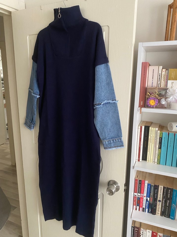 Lacivert Uzun Denim Kollu Elbise - Görsel 4