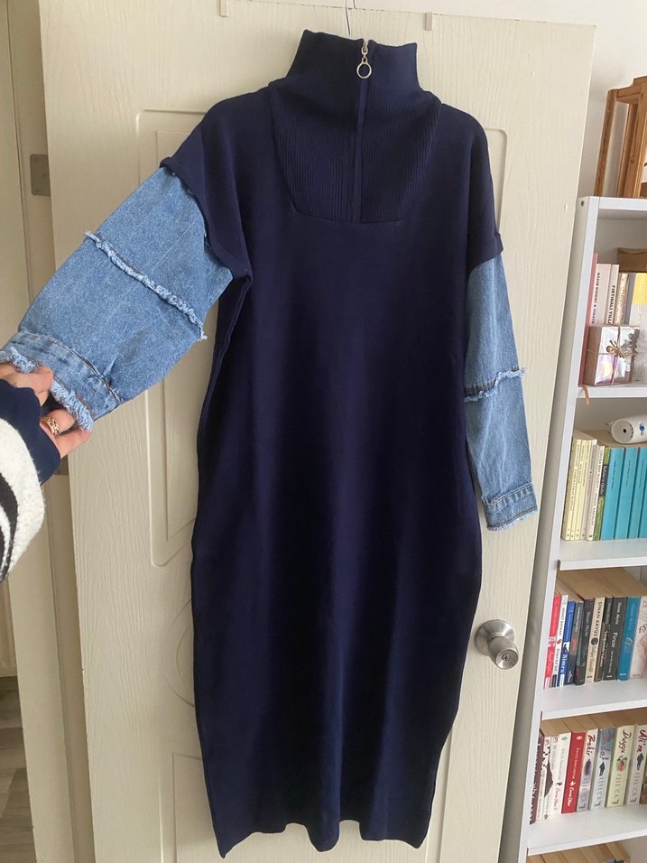 Lacivert Uzun Denim Kollu Elbise - Görsel 2