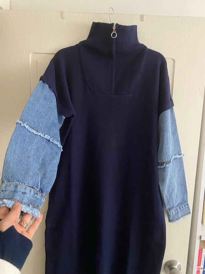 Lacivert Uzun Denim Kollu Elbise - Görsel 3