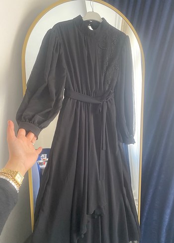 Nakış Detaylı Siyah Uzun Kadın Elbise - Görsel 8