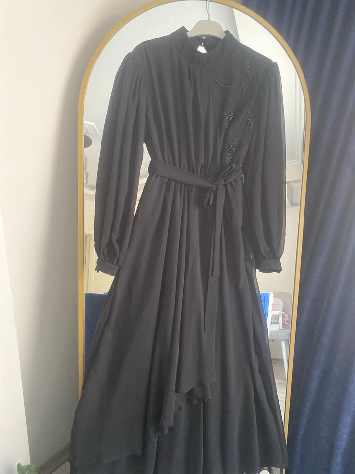 Nakış Detaylı Siyah Uzun Kadın Elbise - Görsel 5