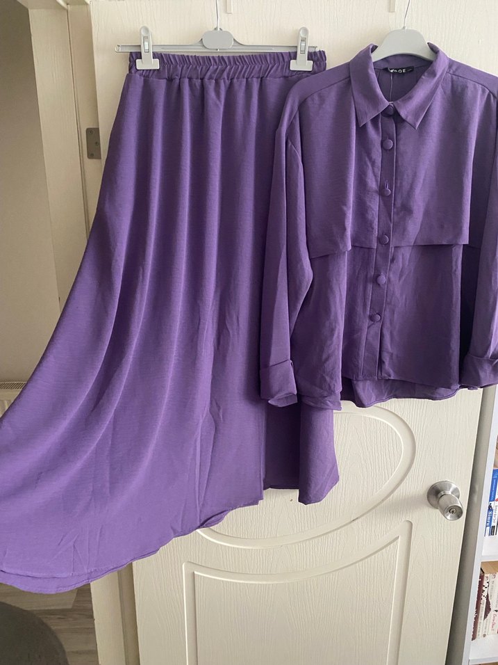 Mor Uzun Kollu Keten Kadın Takım - Görsel 4