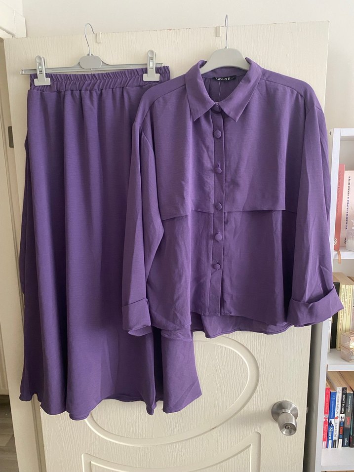 Mor Uzun Kollu Keten Kadın Takım - Görsel 2