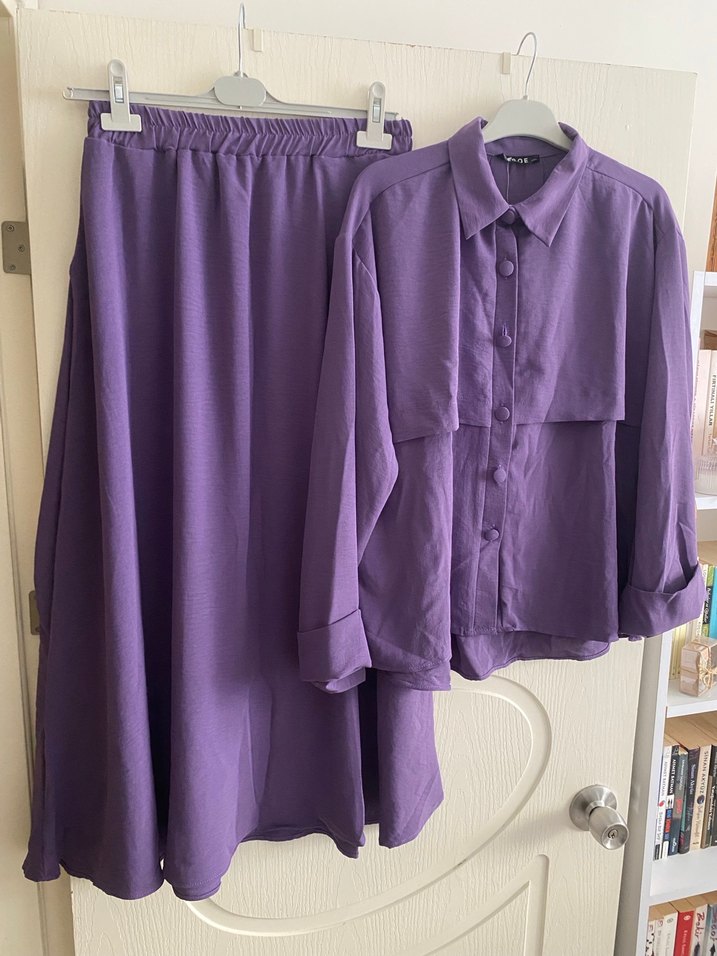 Mor Uzun Kollu Keten Kadın Takım - Görsel 3