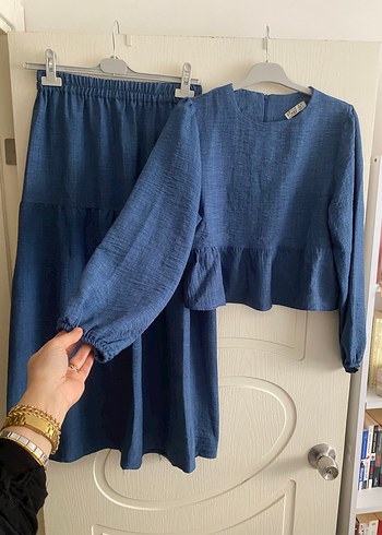 Mavi Kadın Keten Uzun Etek ve Bluz Takım - Görsel 3