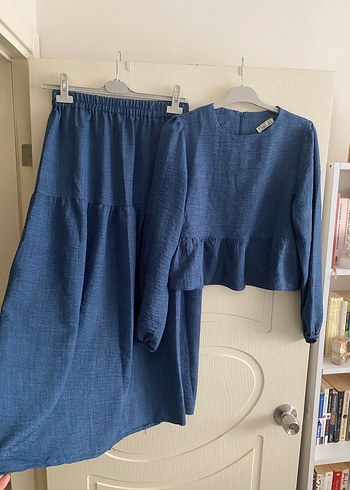 Mavi Kadın Keten Uzun Etek ve Bluz Takım - Görsel 2