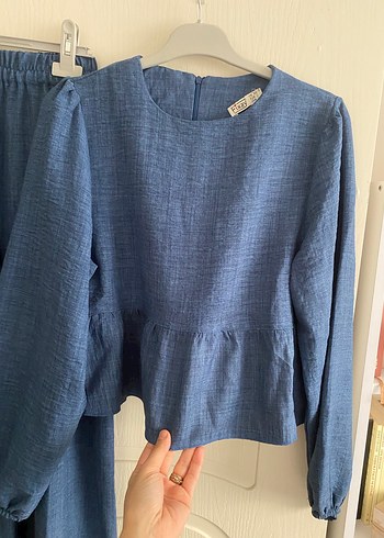 Mavi Kadın Keten Uzun Etek ve Bluz Takım - Görsel 4