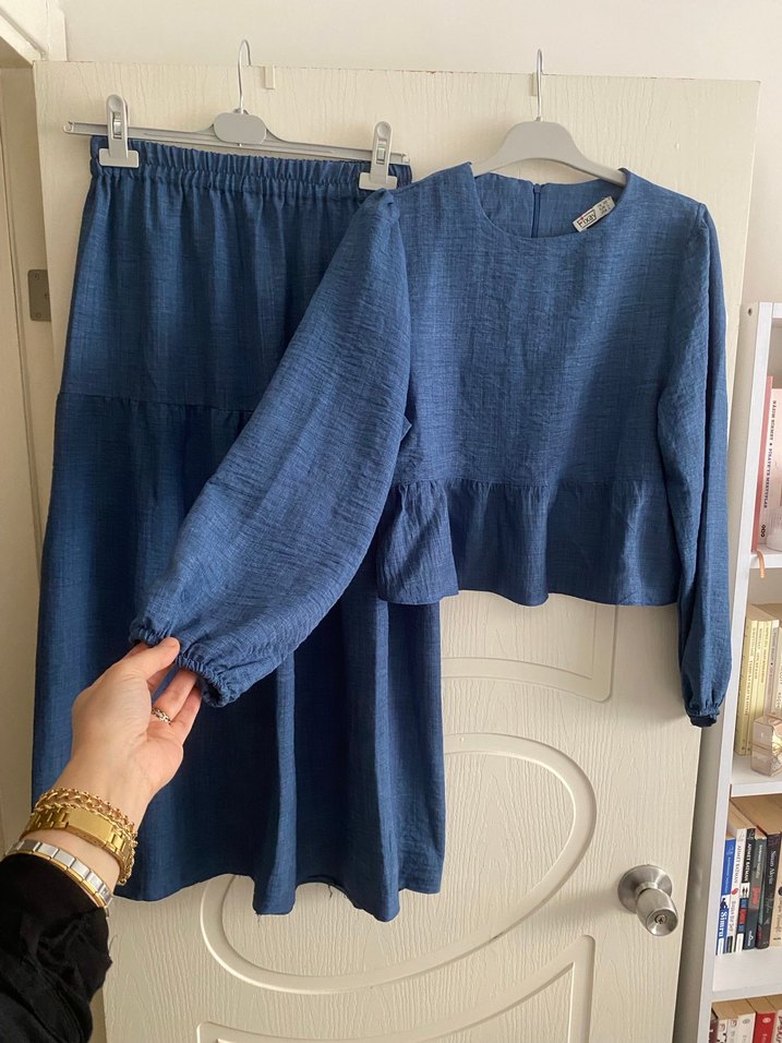 Mavi Kadın Keten Uzun Etek ve Bluz Takım - Görsel 3