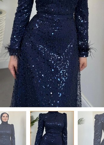 42 Beden mavi Renk Uzun Kollu Lacivert Tüylü ve Pullu Abiye Elbise