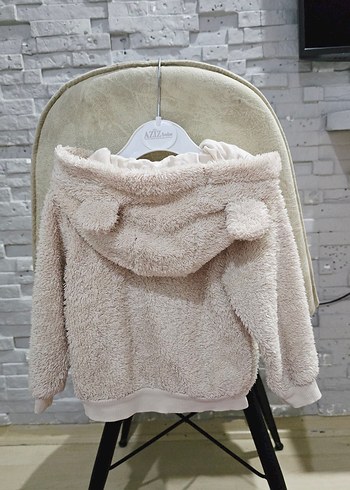 Kapüşonlu Kız Çocuk Bej Peluş Ceket - Görsel 2