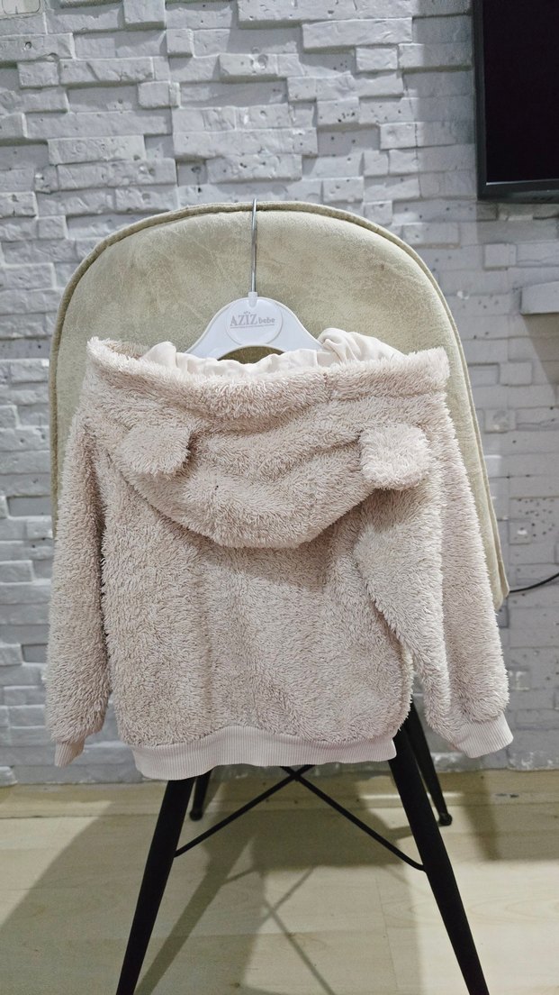 Kapüşonlu Kız Çocuk Bej Peluş Ceket - Görsel 2