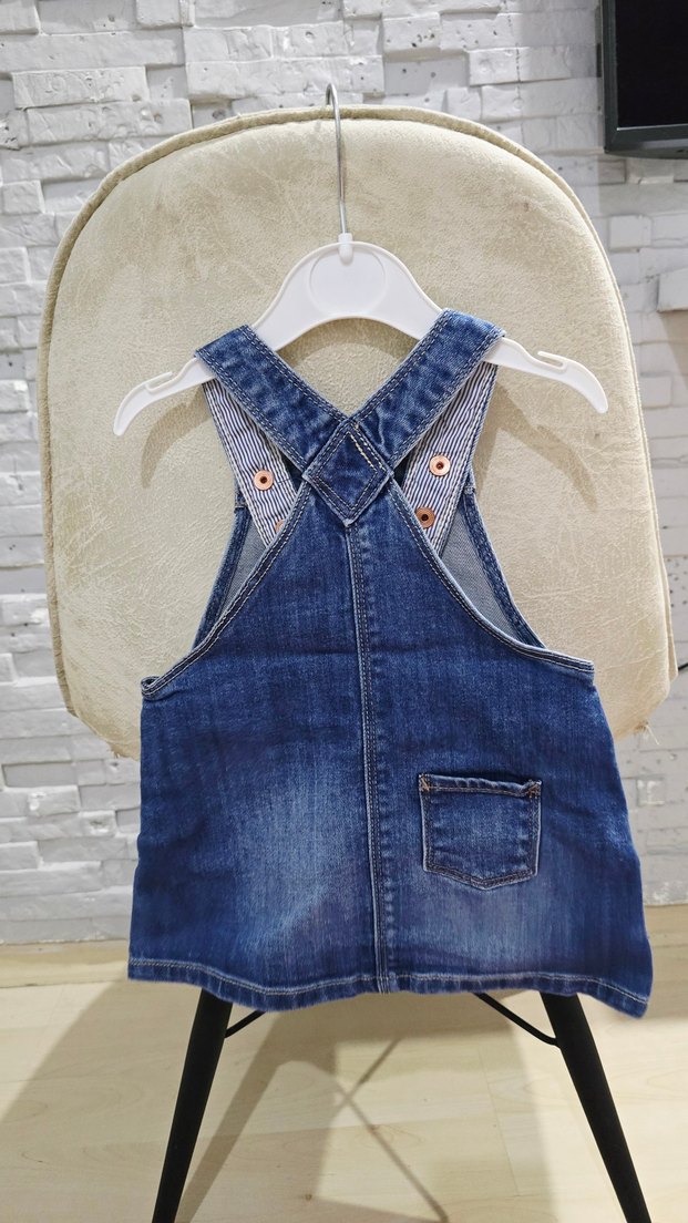 Kız Çocuk Mavi Denim Askılı Elbise - Görsel 2