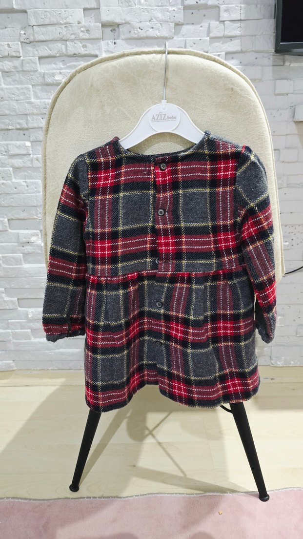 Uzun Kollu Kareli Kız Elbisesi - Görsel 2