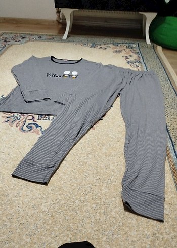 Gri Uzun Kollu Rahat Kadın Pijama Takımı - Görsel 2