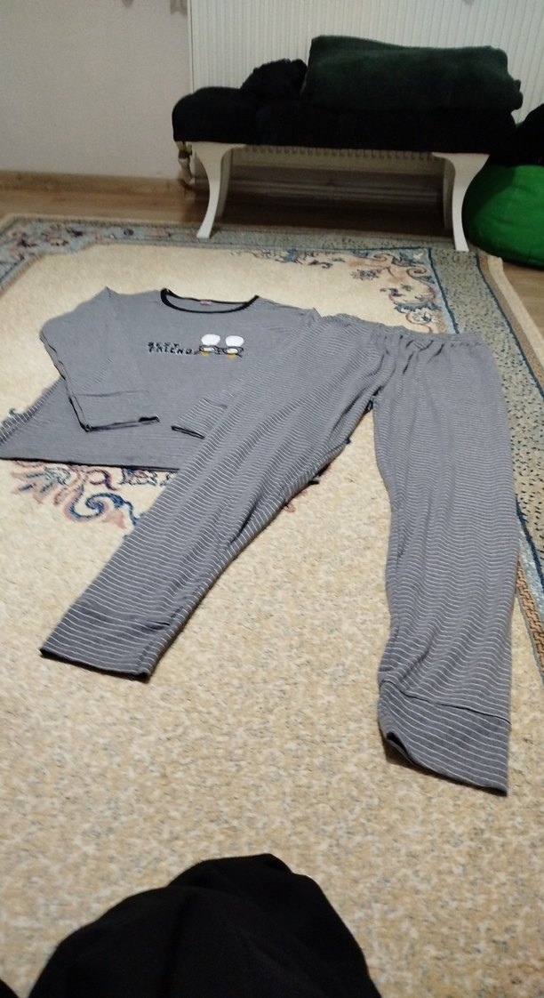 Gri Uzun Kollu Rahat Kadın Pijama Takımı - Görsel 3