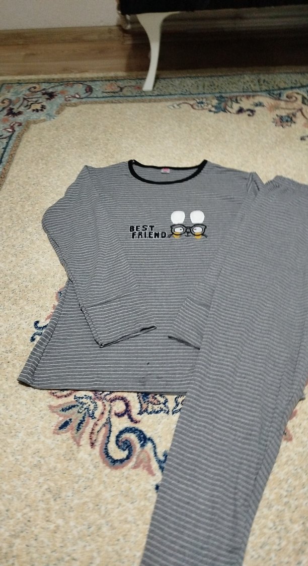 Gri Uzun Kollu Rahat Kadın Pijama Takımı - Görsel 4