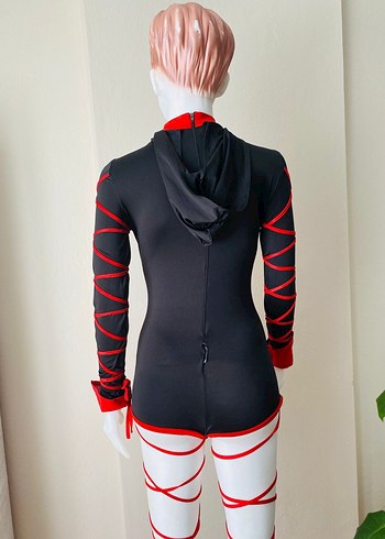Diğer Kırmızı Detaylı Siyah Kapüşonlu Monokini
