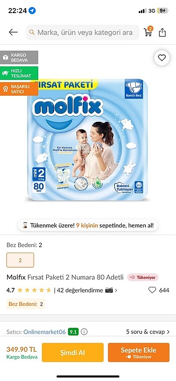 2 Beden: 3-6 kg Beden Molfix 2 numara 80 adet bez