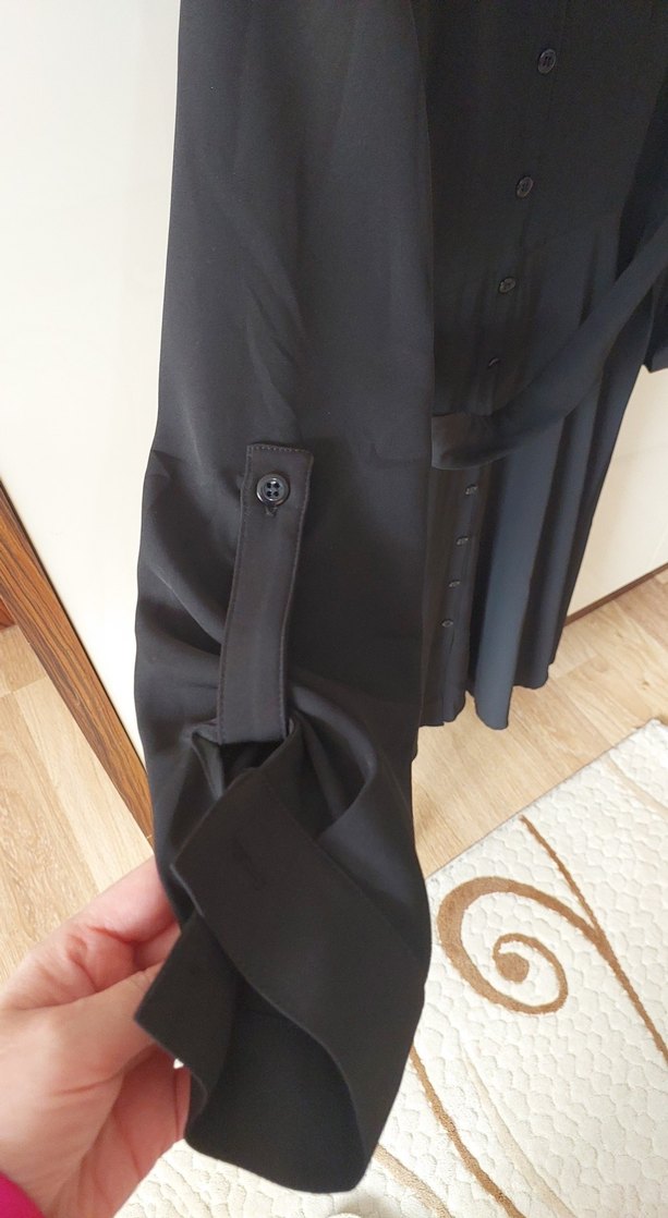 Siyah Midi Gömlek Elbise, Kemerli, Uzun Kollu - Görsel 2