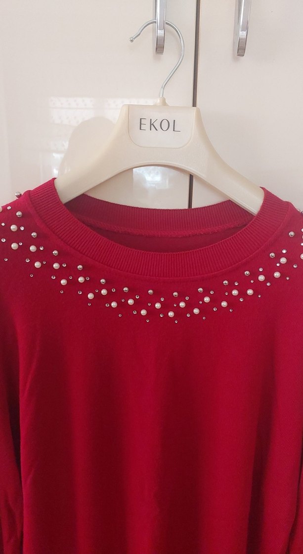 Kırmızı İnce Örgü Kadın Triko Kazak - Görsel 2