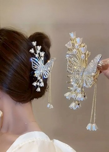 Taşlı Sallantılı Lala Çicegiyle Işıltılı Metal Gold Metal Toka - Görsel 2