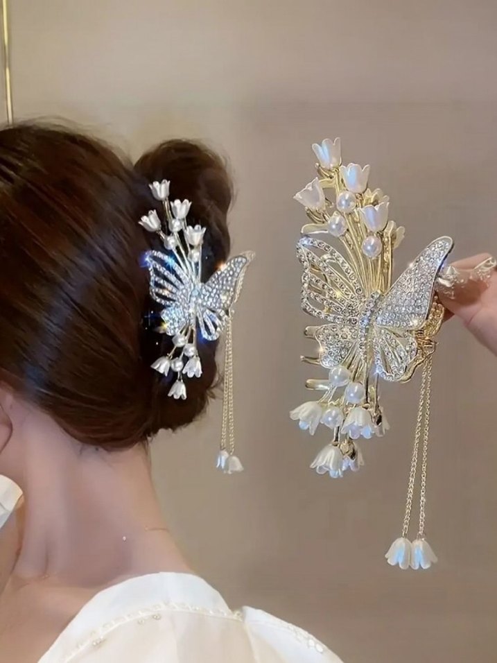 Taşlı Sallantılı Lala Çicegiyle Işıltılı Metal Gold Metal Toka - Görsel 2