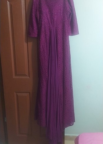 Mor Uzun Drapeli Kadın Abiye Elbise - Görsel 7