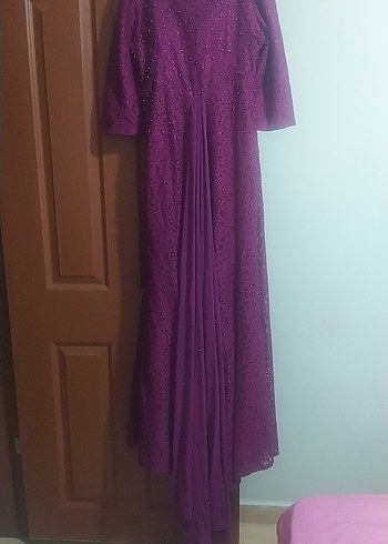 Mor Uzun Drapeli Kadın Abiye Elbise - Görsel 6
