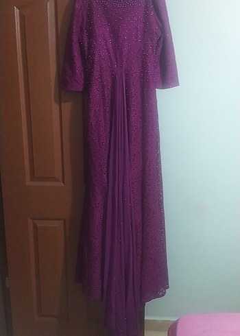 Mor Uzun Drapeli Kadın Abiye Elbise - Görsel 5